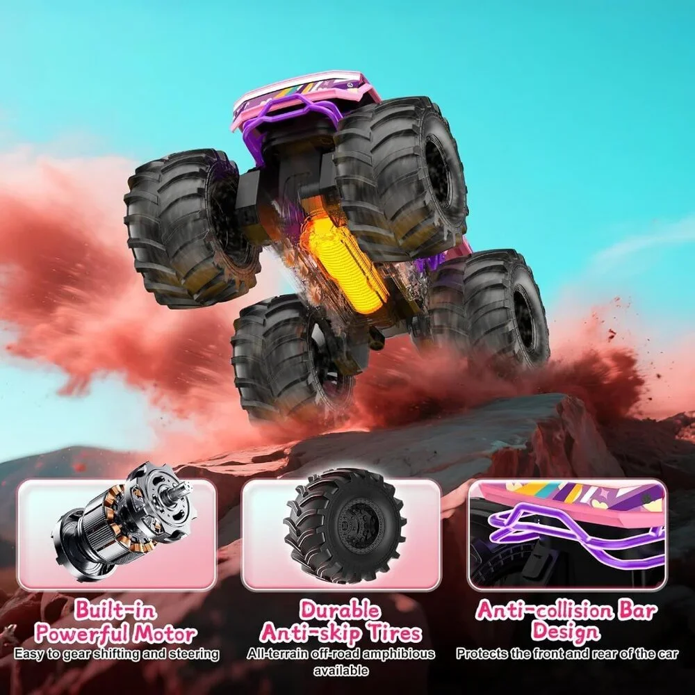 Remote Control Car 1:18 Pink Monster Truck 4WD Waterproof RC Off-Road Pickup 6+
